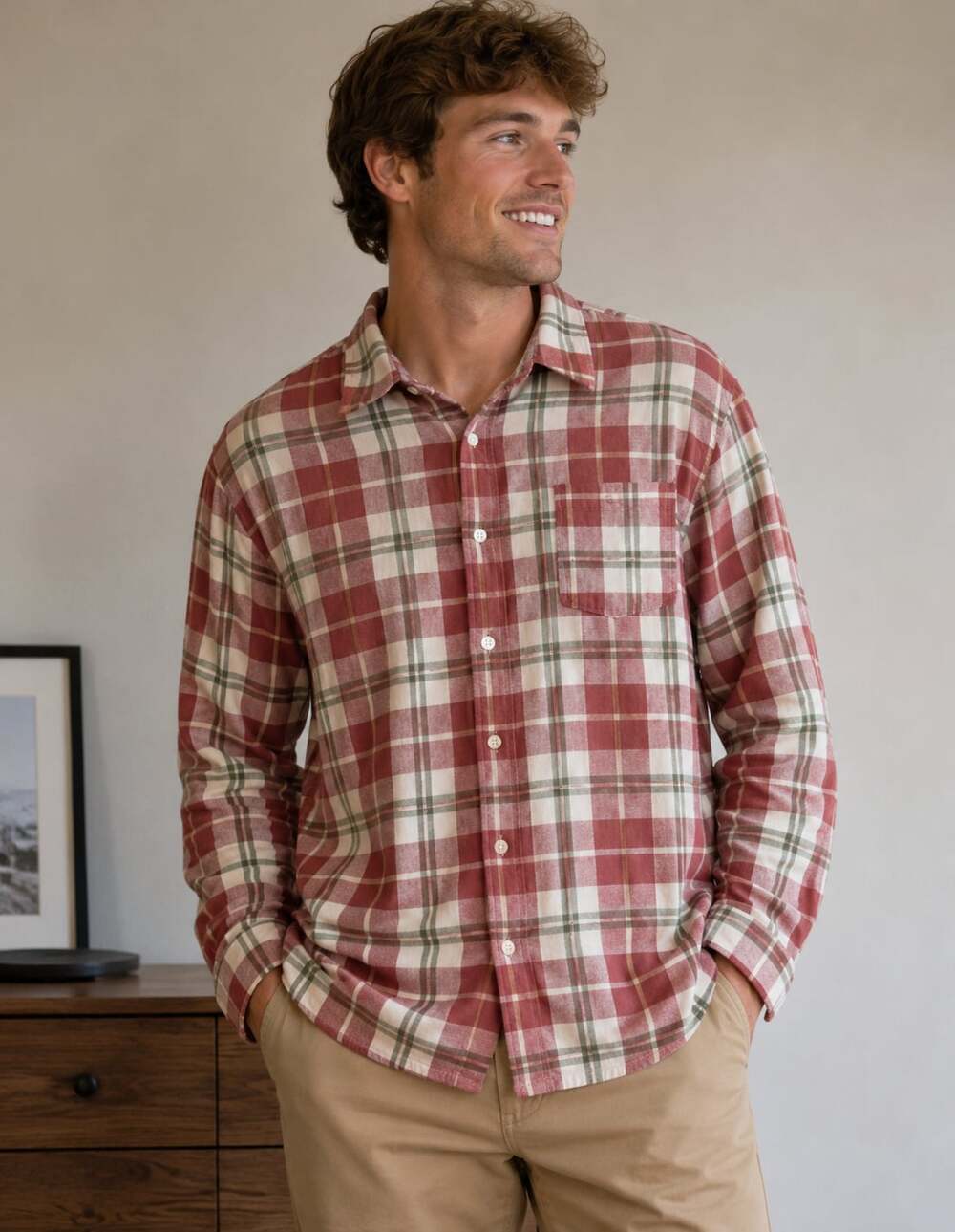 PatPat Men's Red and White Plaid Long Sleeve Button-Up Shirt, Size XL